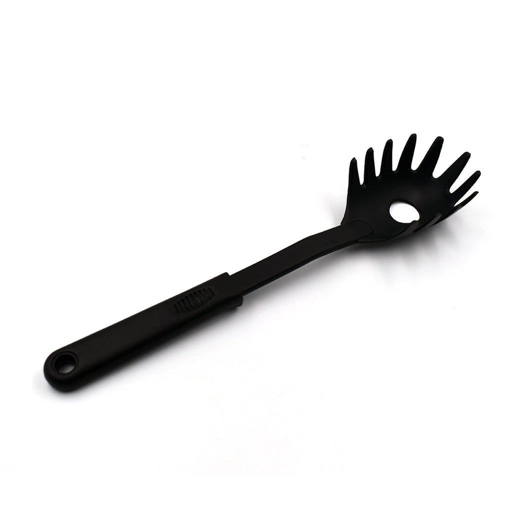 A black non-stick pasta server holding a generous portion of freshly cooked spaghetti.