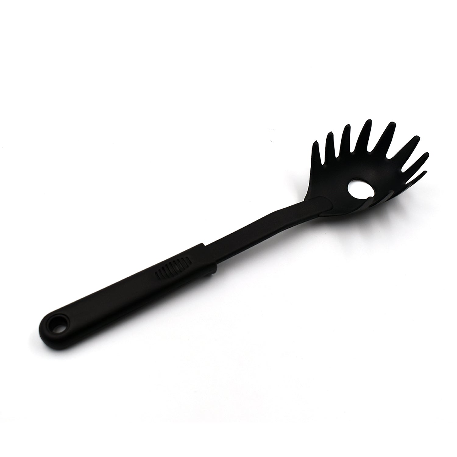 A black non-stick pasta server holding a generous portion of freshly cooked spaghetti.