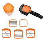 5-in-1 multi-functional vegetable chopper with various blades for kitchen tasks.