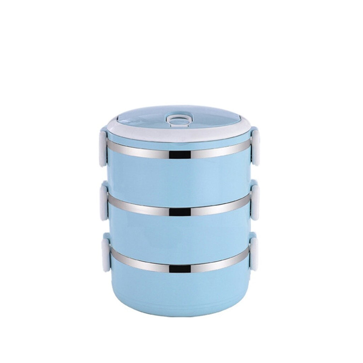 Insulated 3-layer stainless steel lunch box designed to keep food hot.
