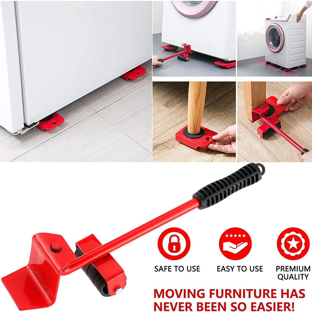 Close-up of the furniture lifter tool in action, raising a heavy cabinet with floor protection.