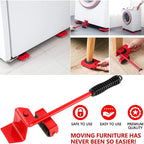Close-up of the furniture lifter tool in action, raising a heavy cabinet with floor protection.