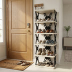 Space saving foldable storage shelf unit in living room or utility area