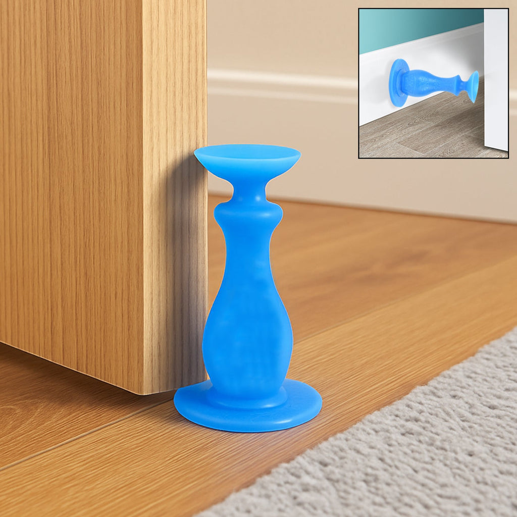 Front view of a rubber washer door stopper with suction cup, ready for use.