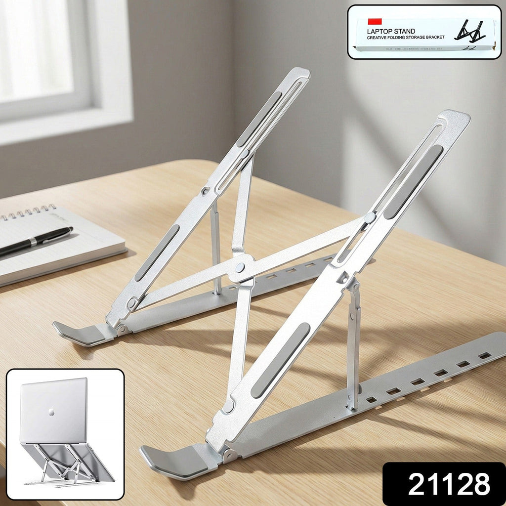 Aluminium adjustable laptop stand supporting laptop on table