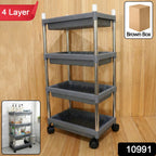 Side view of multi-tier rolling storage cart made of plastic and stainless steel