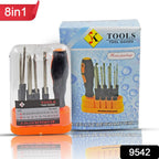 Precision 8-in-1 screwdriver set displayed with its ergonomic handle and suction cup.