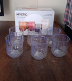 Fully transparent heavy-duty plastic glasses in a modern kitchen setting.