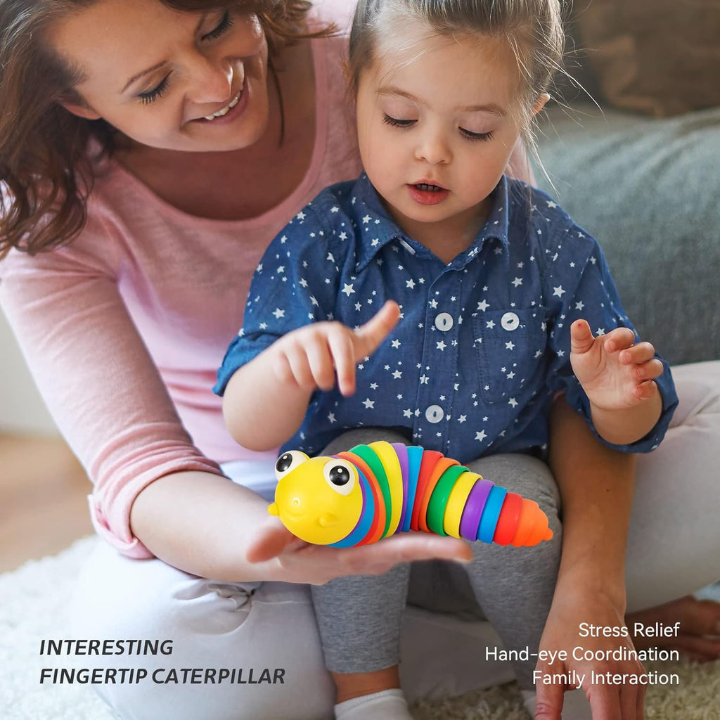 Detailed view highlighting the intricate, flexible joints of the rainbow slug fidget toy.