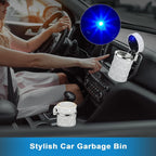 Blue LED car ashtray with a removable lid, ideal for managing cigarette waste.