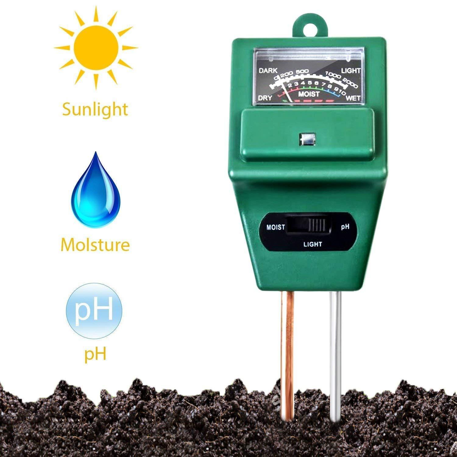 A gardener using the soil pH meter to check plant health in an outdoor setting.