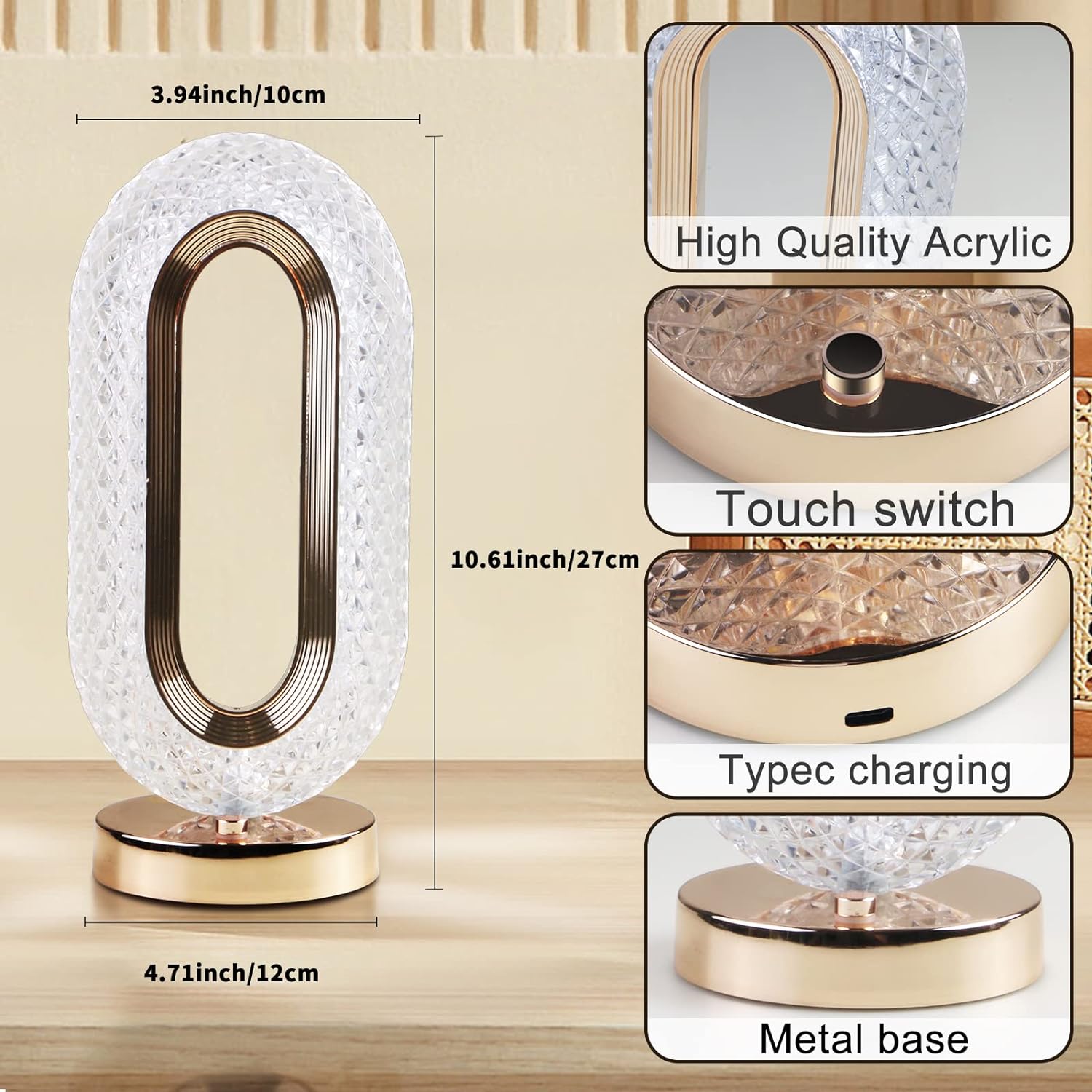 Decorative crystal table lamp illuminating a modern living space.