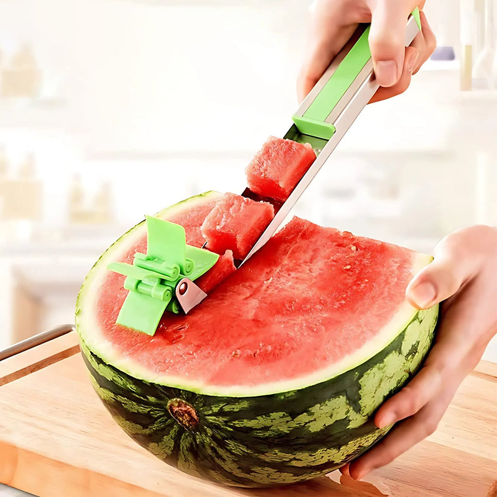 Stainless steel watermelon cutter with windmill slicer, ready for use.
