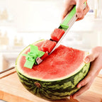 Stainless steel watermelon cutter with windmill slicer, ready for use.