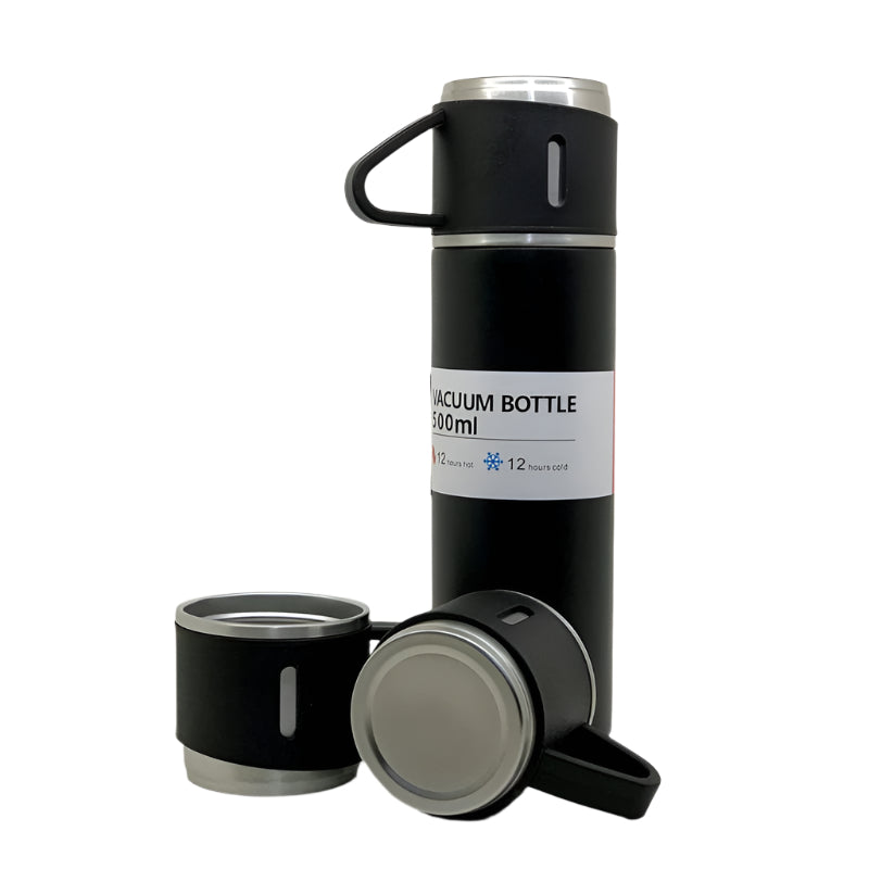 The complete 500ml hot cold drink bottle set with three steel cups on a clean background.