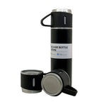 The complete 500ml hot cold drink bottle set with three steel cups on a clean background.