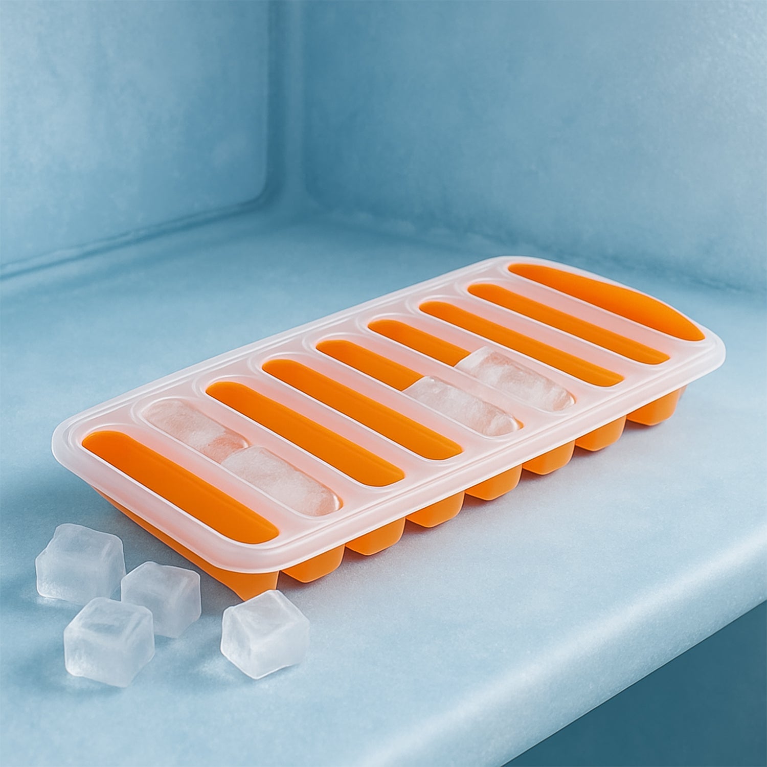 Multiple silicone ice stick trays in vibrant colors, perfect for slim bottles.
