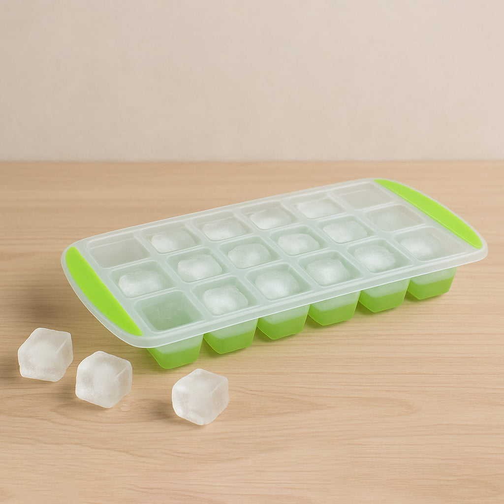 Assortment of flexible silicone ice cube trays in vibrant colors on a white background.