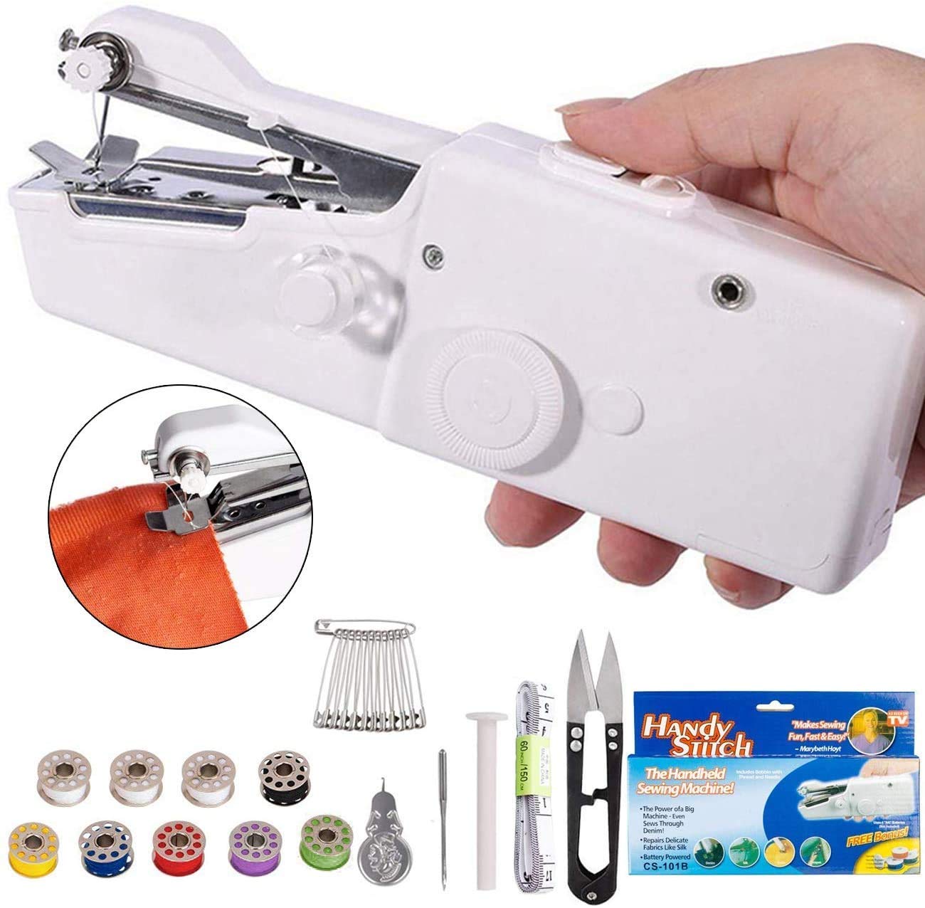 Angled view of the  cordless handheld sewing machine, showcasing its compact size.