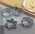 A 12-piece stainless steel cookie cutter set featuring heart, star, round, and flower shapes.