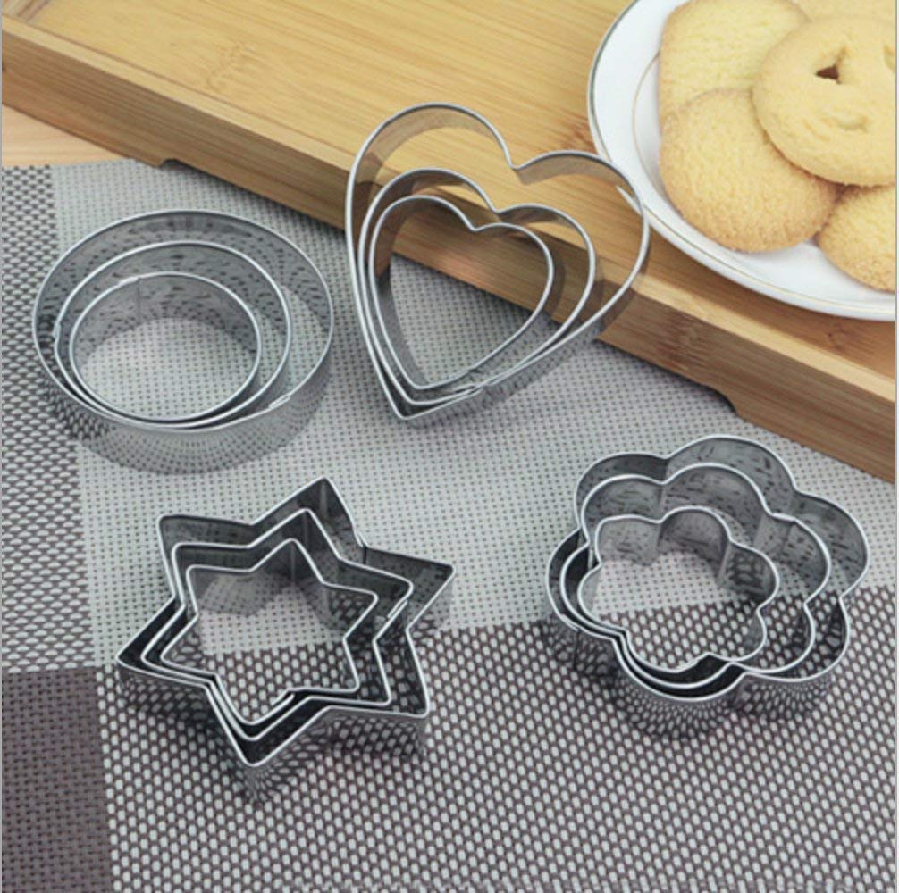 A 12-piece stainless steel cookie cutter set featuring heart, star, round, and flower shapes.