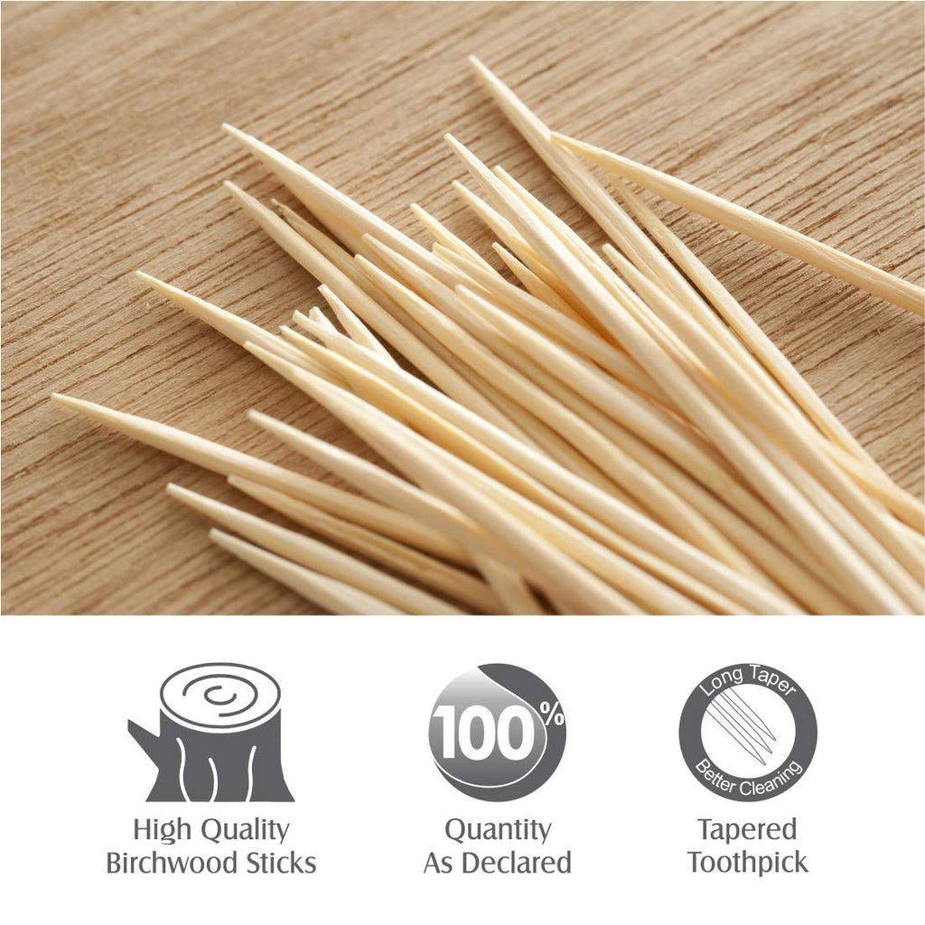 Close-up of a pack of 250 birchwood toothpicks with its hygienic dispenser box.
