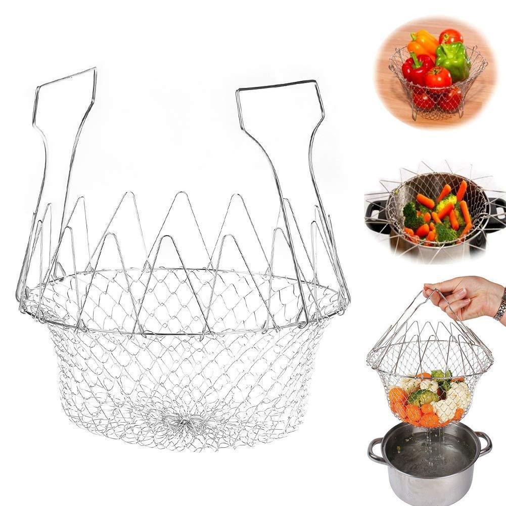 Front view of the unfolded foldable kitchen strainer ready for use in cooking.