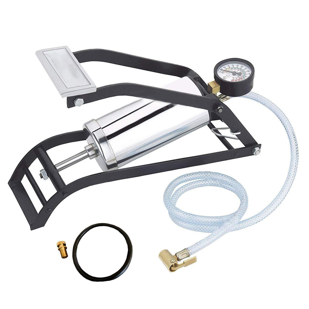 Close-up of the steel foot pump's sturdy construction and pressure gauge.