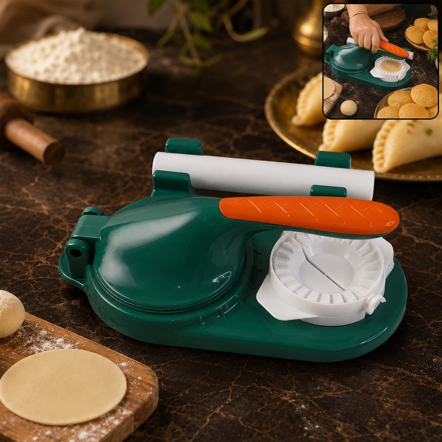 Mini puri & dumpling press in white plastic with ergonomic handle