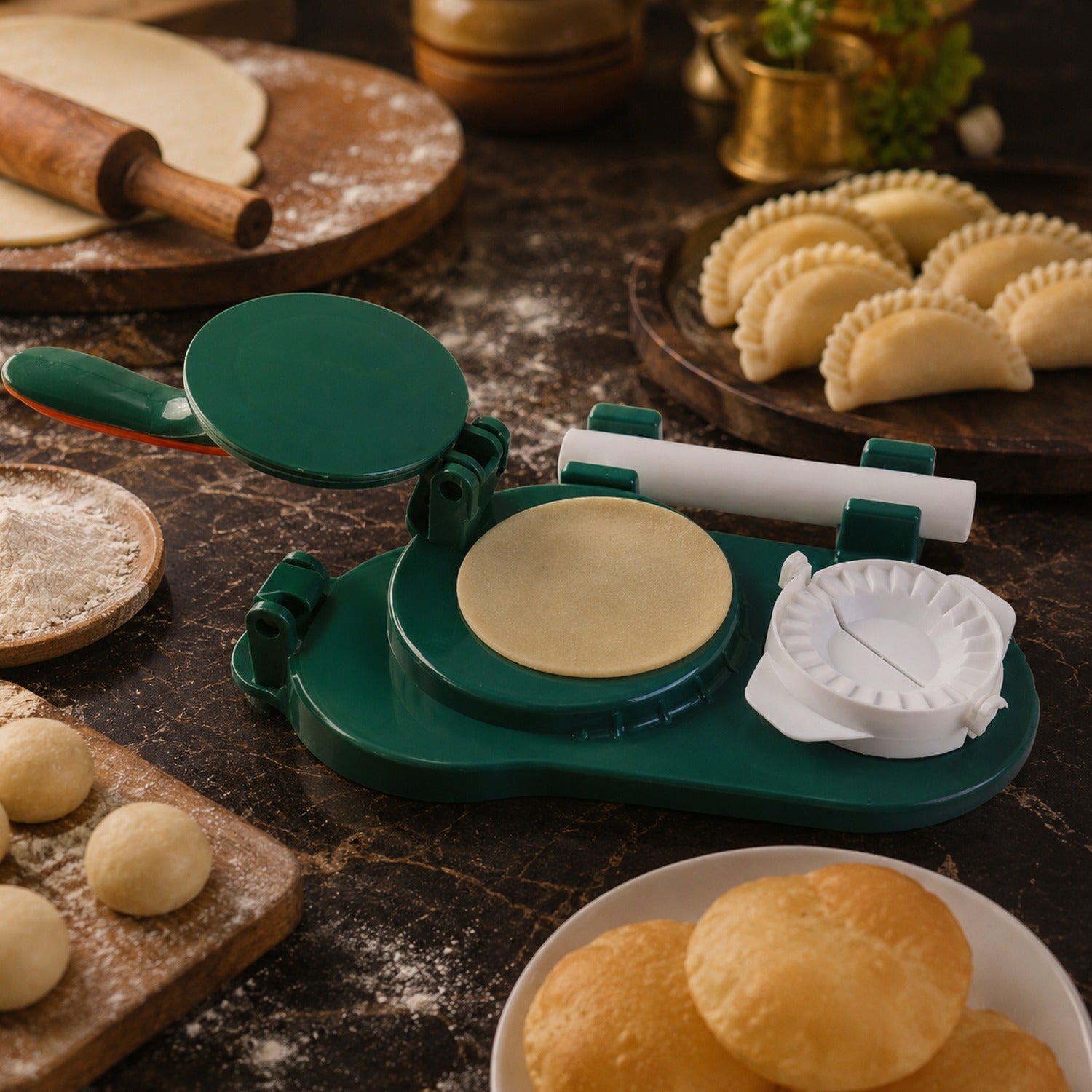 Mini puri & dumpling press shaping dough for snacks