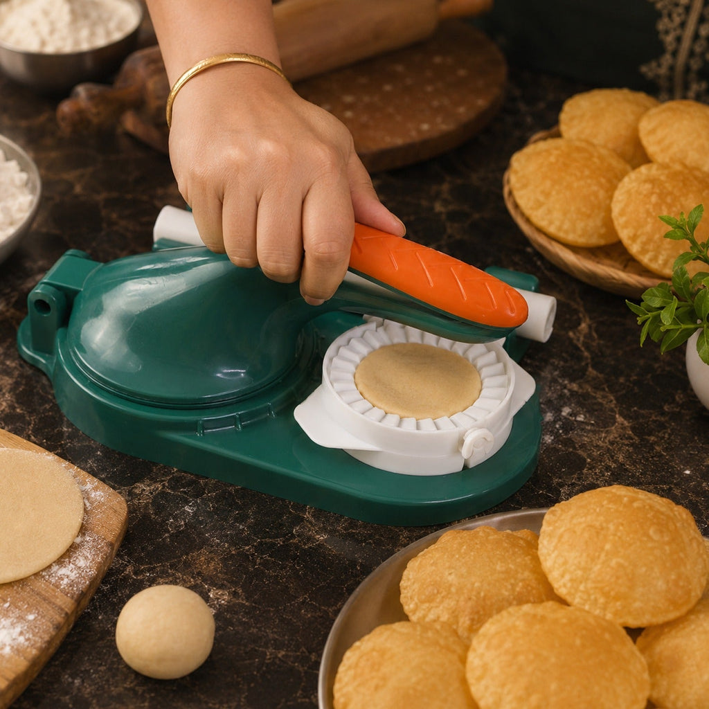 Open mini puri press with dough ready for shaping