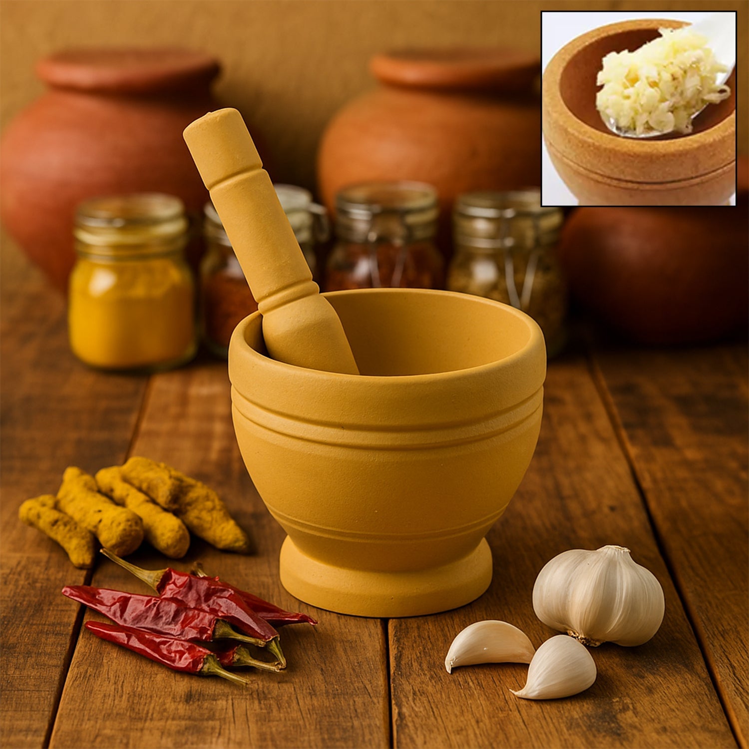 Traditional Mortar and Pestle Set ready for grinding fresh spices.