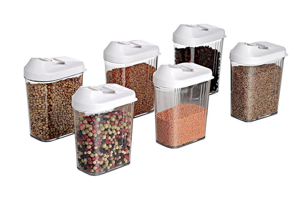 Collection of six easy flow storage jars with colorful lids for kitchen organization.