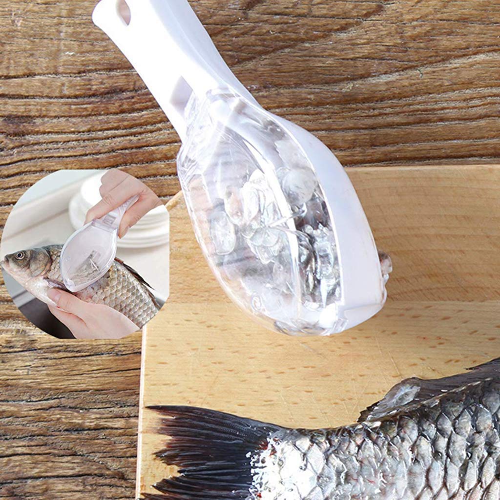 Hand demonstrating the safe use of the fish scale peeler tool on a fish.