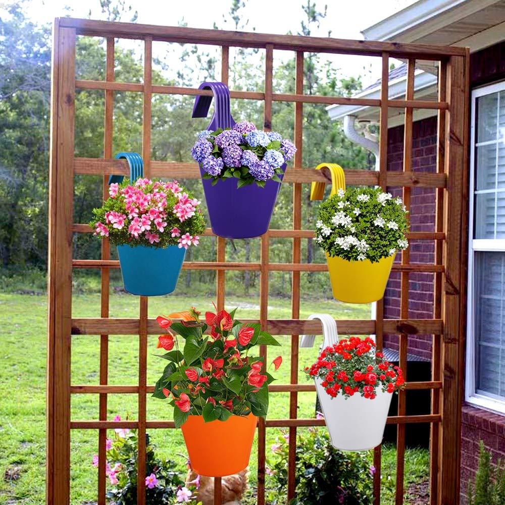 Set of multicolour hanging planter pots for garden decor.