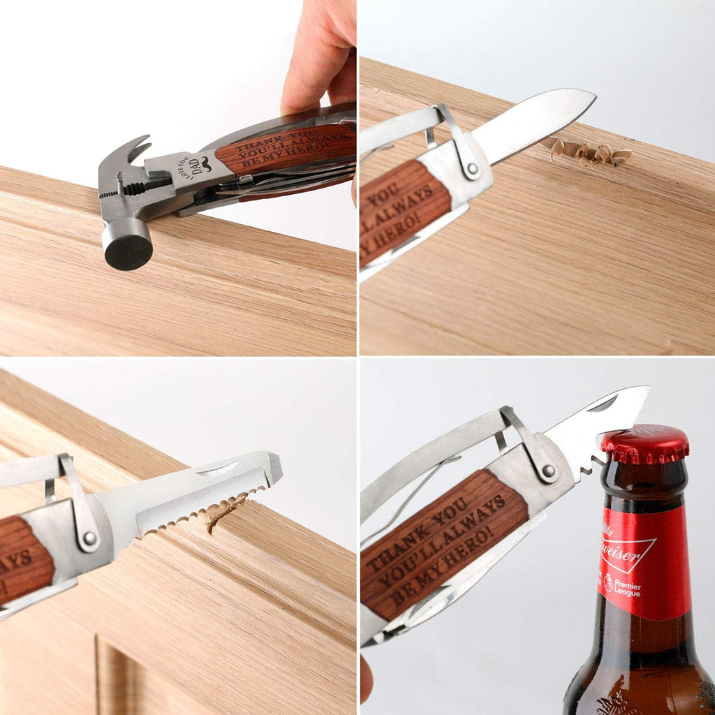 Detail shot of the hammer multitool showcasing its integrated screwdrivers and other tools.