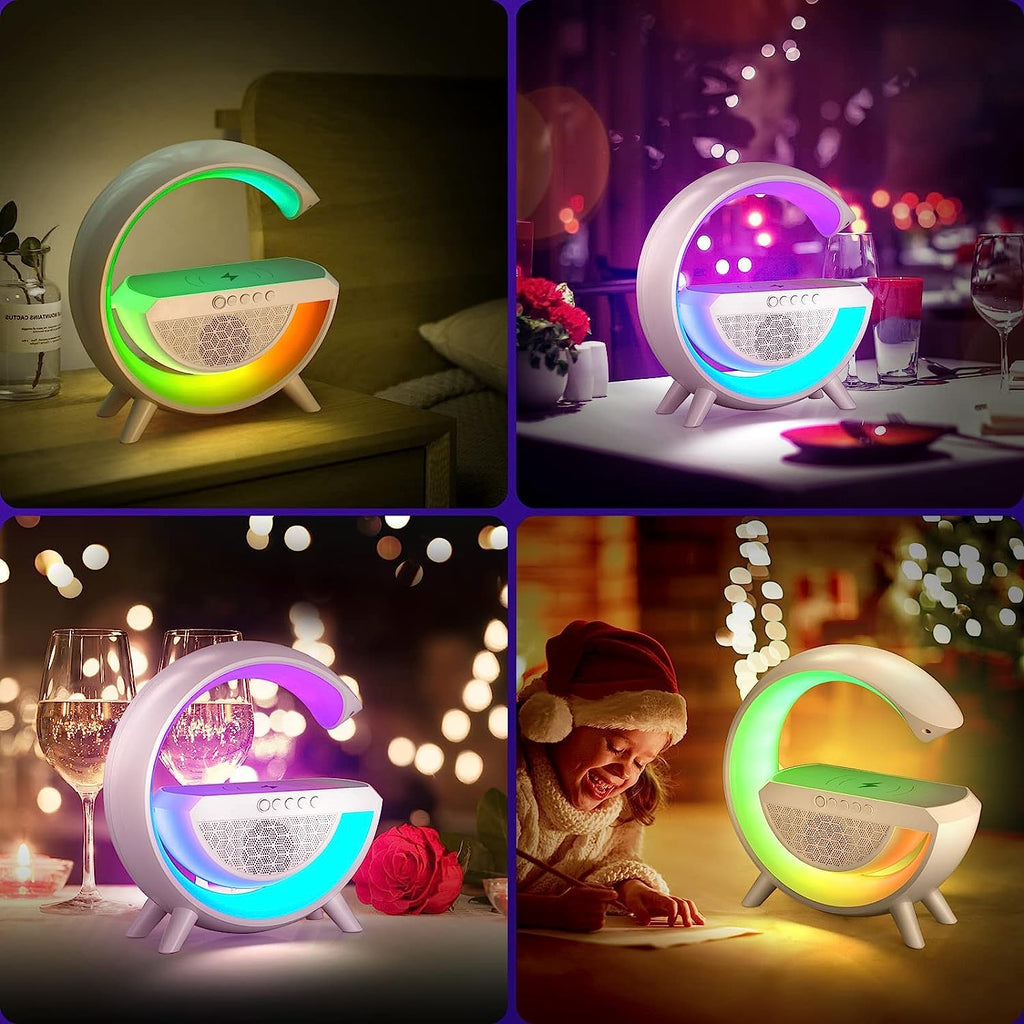 Sleek LED night lamp offering both wireless charging and audio playback.