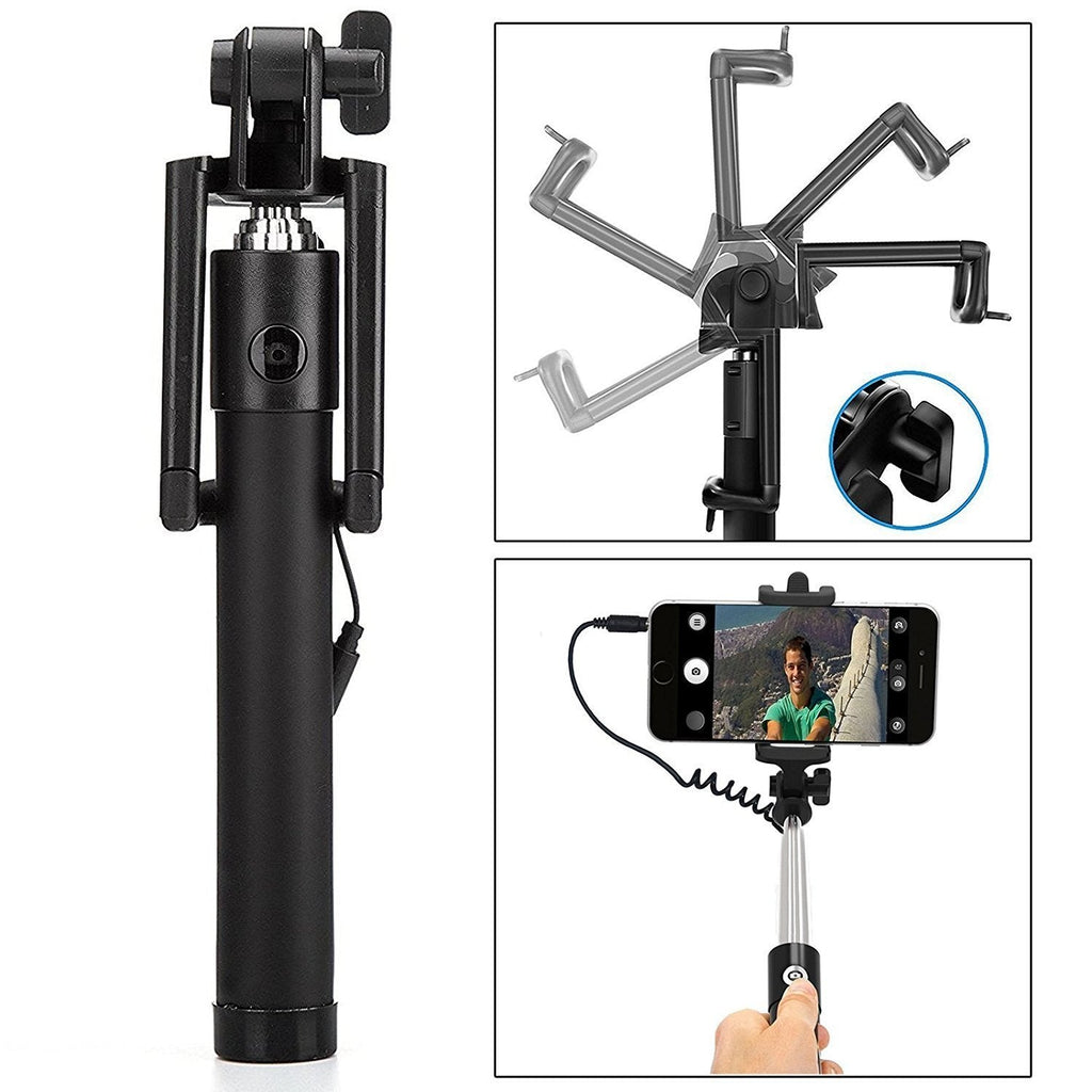 Adjustable selfie stick with aux wire securely holding a smartphone for versatile angles.