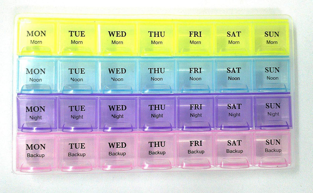 Four-row weekly pill organizer with 28 slots, designed for comprehensive medication management.