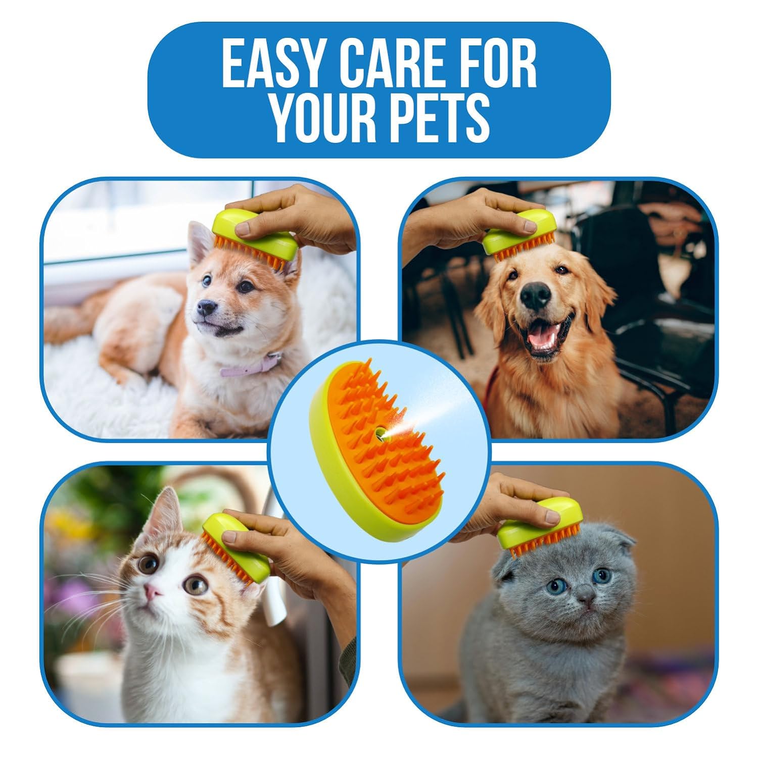 Person demonstrating the Cat Steamy Brush usage on a pet.