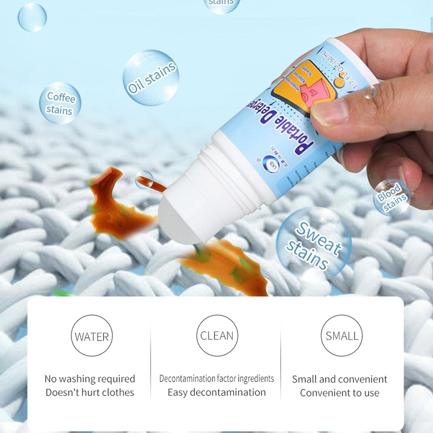Stain remover roller shown tackling various types of fabric stains.