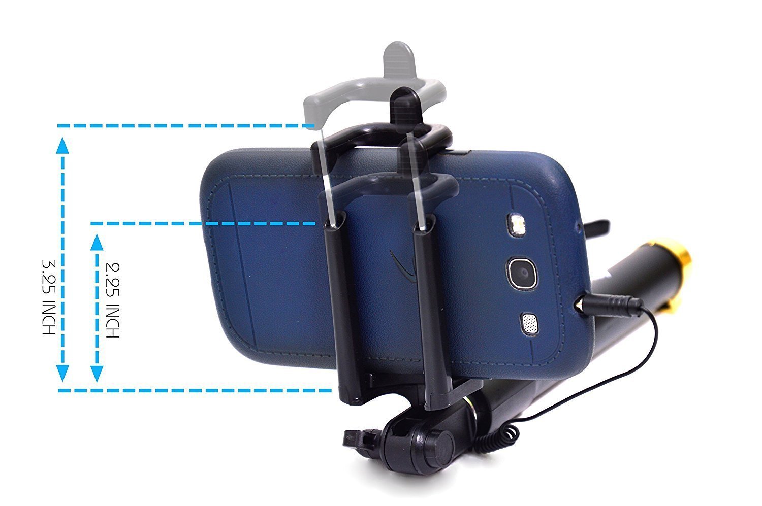 Close-up of the selfie stick's adjustable phone holder and aux wire connection.