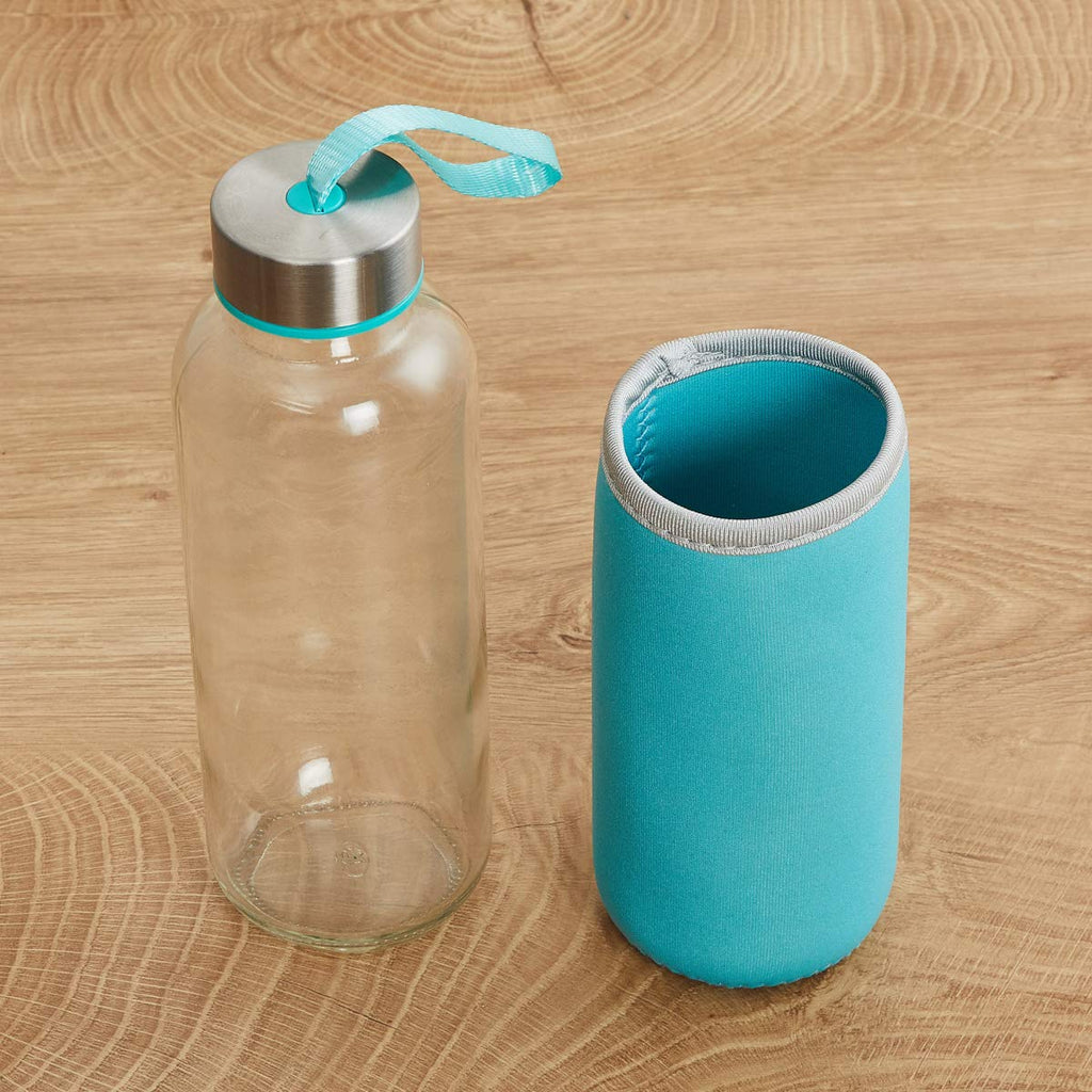 Stylish glass water bottle, 500ml, showcasing its colorful sleeve.