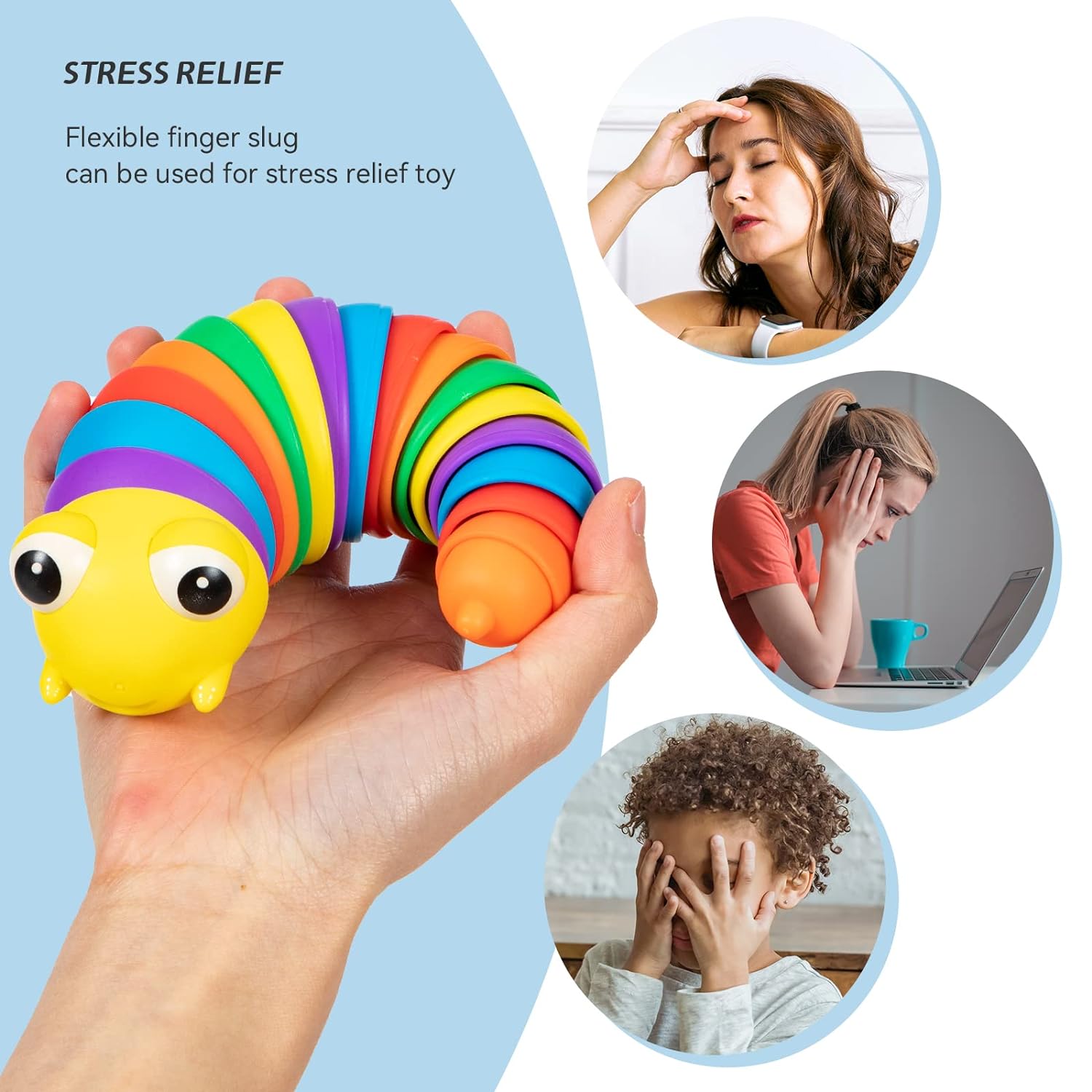 Flexible rainbow plastic slug fidget toy stretched out on a clean white surface.
