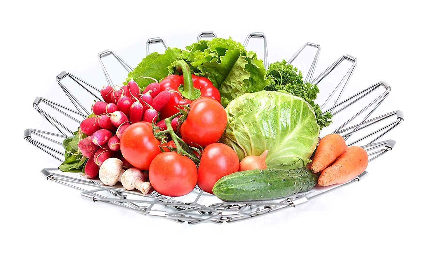 Multipurpose stainless steel wire basket displayed with vegetables, highlighting its versatility.