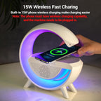 Side view of the multi-functional lamp, ready for wireless device charging.