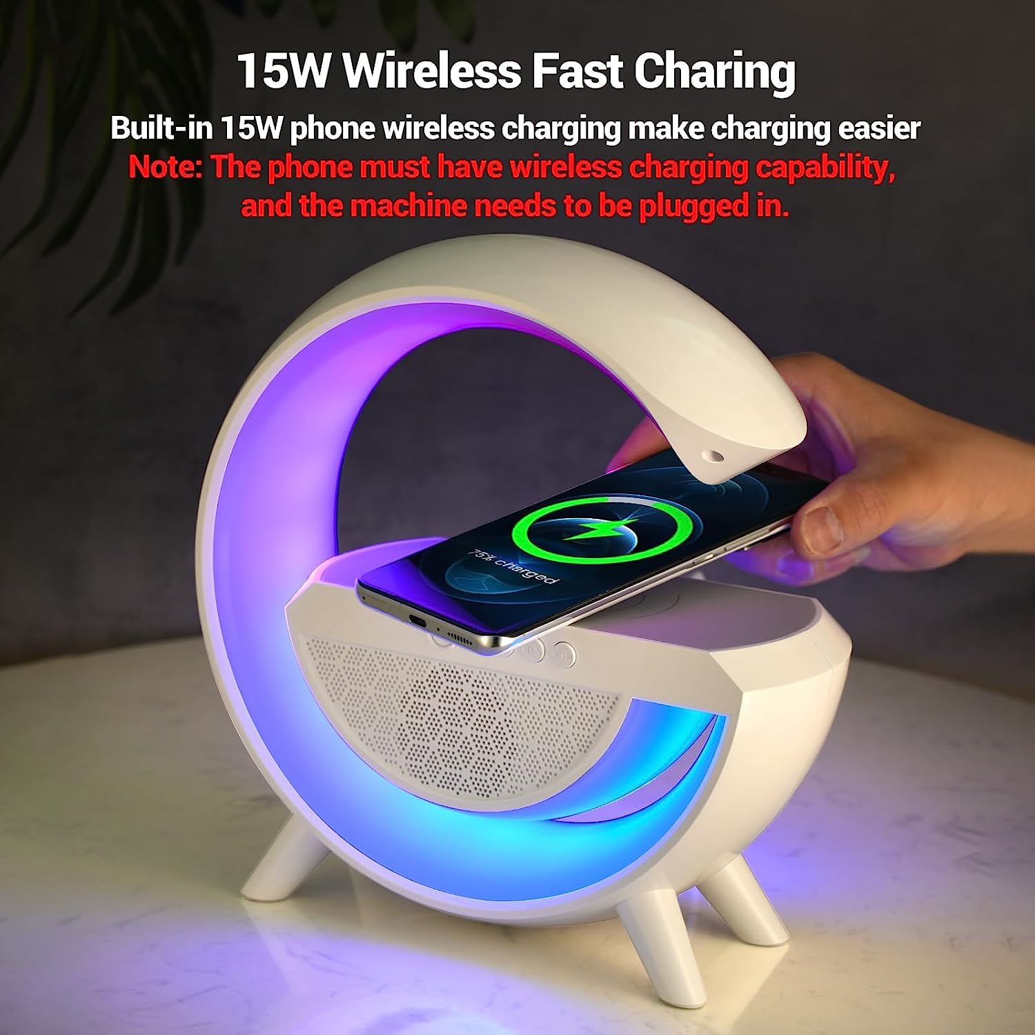 Side view of the multi-functional lamp, ready for wireless device charging.