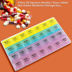 Weekly pill organizer showing colorful pill slots, ideal for a 7-day medication box.