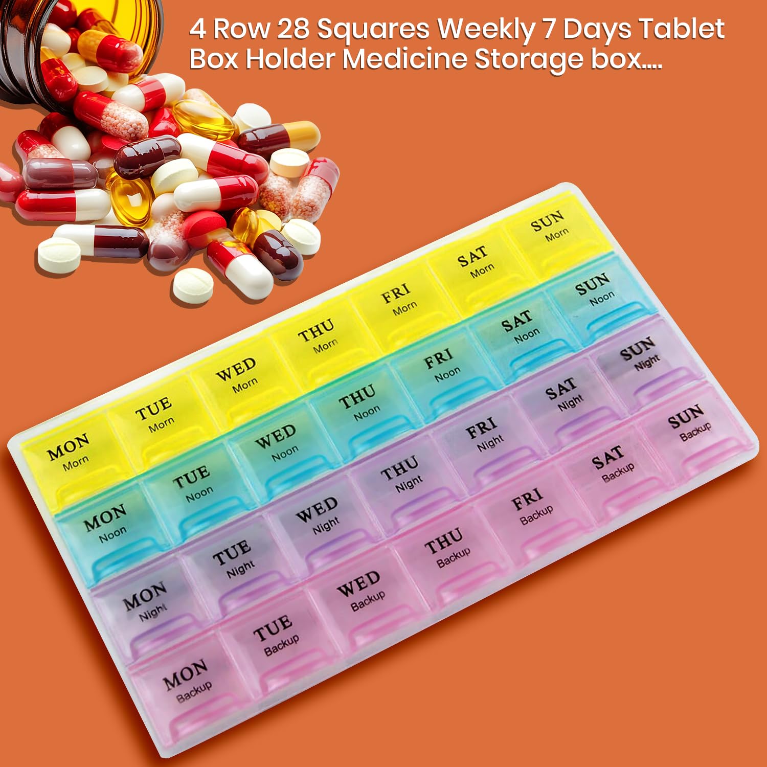 Weekly pill organizer showing colorful pill slots, ideal for a 7-day medication box.