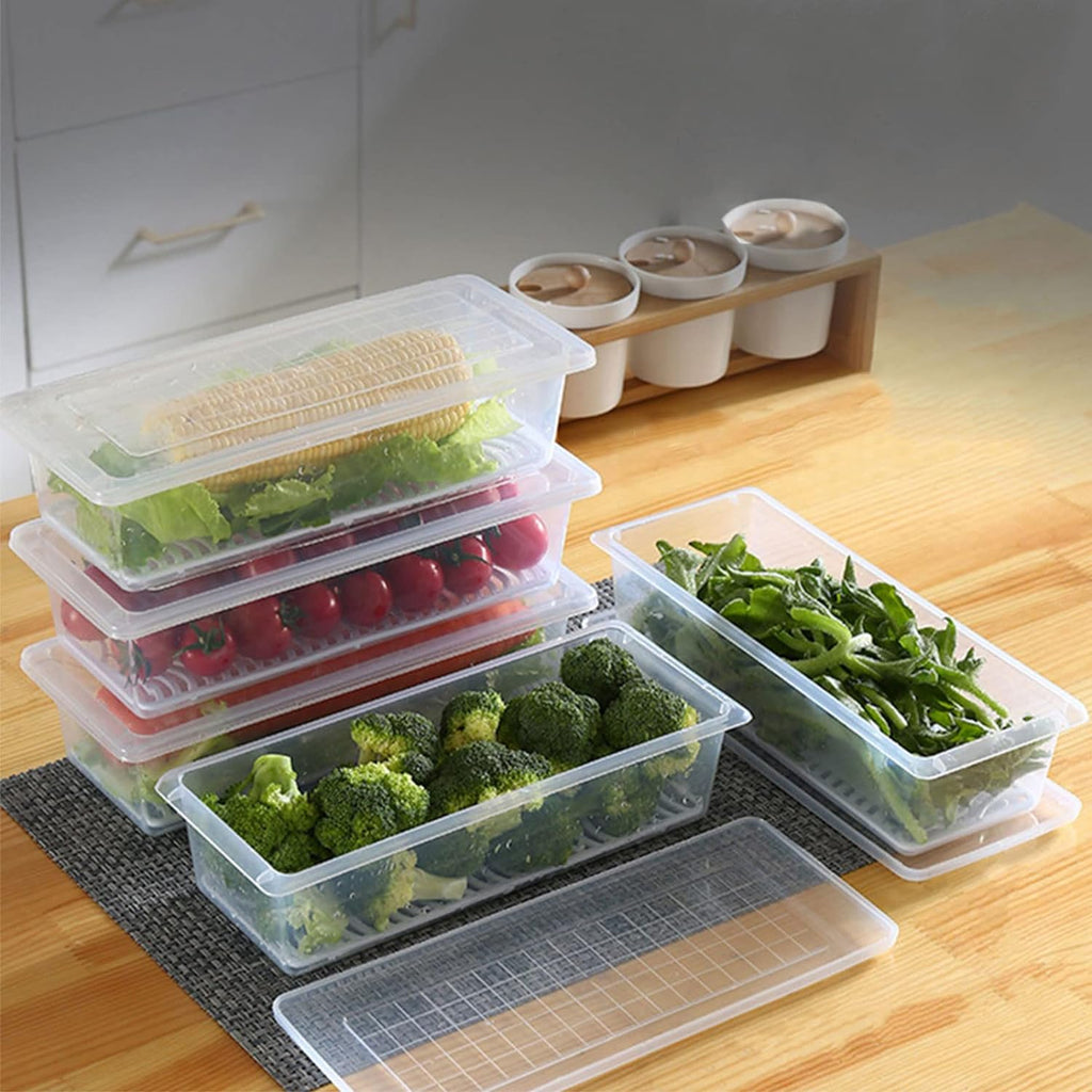 Food storage container demonstrating how the drain plate separates food from excess liquid.